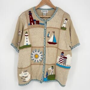 Hampshire Studio Lighthouse Sailboat Knit Sweater Cardigan Shirt Size 2X